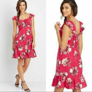 Maurices Floral Flutter Sleeve Dress Red Berry M